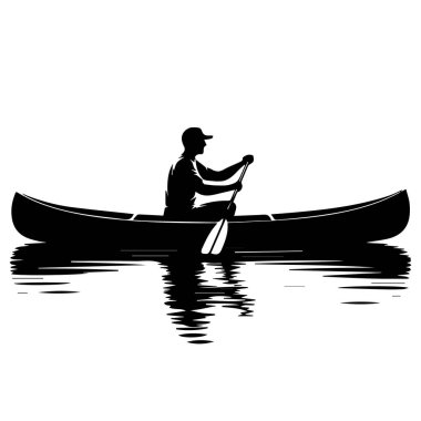 Beyaz arka plan teknolojisi arka planında izole bir şekilde sakin suda kanoya binen bir insanın silueti.