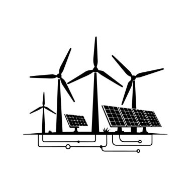 Yenilenebilir enerji kaynaklarını temsil eden rüzgar türbinleri ve güneş panellerinin silueti beyaz arka plan teknolojisi arka planında izole edilmiştir.