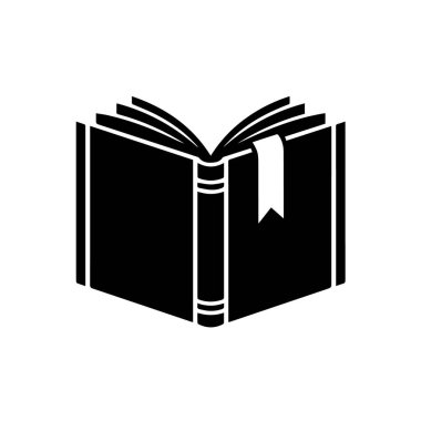 Açık bir kitabın siyah silueti, beyaz arkaplan teknolojisi arka planında izole edilmiş bir yer imi var.