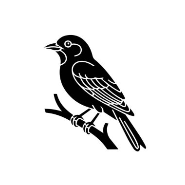 Bir dalın üzerine tünemiş siyah bir kuş silueti, beyaz arka plan teknolojisinde izole edilmiş.