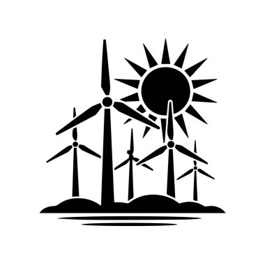 Rüzgar türbinleri ve güneş silueti yenilenebilir enerji ve temiz enerji üretim teknolojisini temsil ediyor.