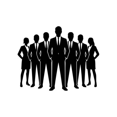 Takım çalışmasını ve liderlik teknolojisini sembolize eden bir grup iş adamının silueti.