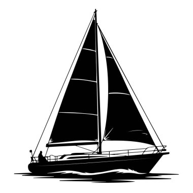 Suda tam yelkenli, beyaz arka planda izole edilmiş bir yelkenli silueti.
