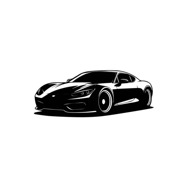 Modern bir spor arabanın parlak siyah silueti, temiz beyaz arka plan teknolojisi arka planında izole edilmiş.