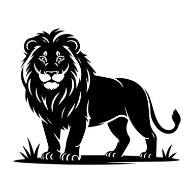 Görkemli siyah aslan otların üzerinde gururla duruyor, bir güç ve güç sembolü, beyaz arka plan teknolojisinde izole edilmiş.