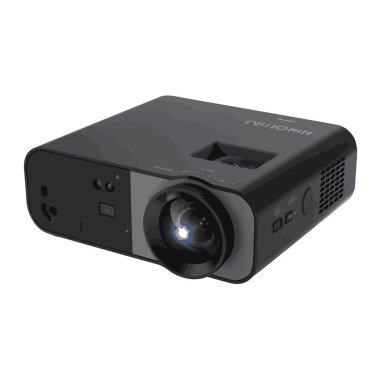 Beyaz arka planda izole edilmiş lens ve havalandırma ile modern siyah dijital projektör