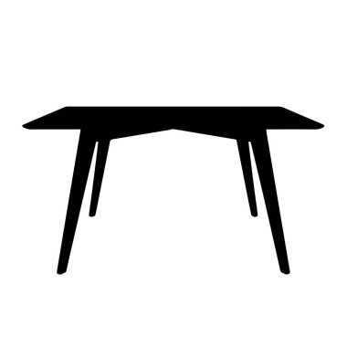 Modern siyah yemek masasının silueti, dört ince bacaklı, beyaz arka plan teknolojisi arka planında izole edilmiş.