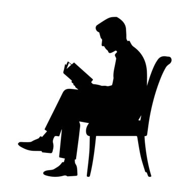 Sandalyeye oturup kitap okuyan bir adamın silüeti, beyaz arka plan teknolojisinde izole edilmiş.