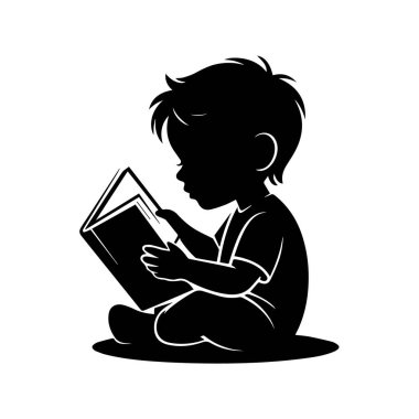 Genç bir çocuğun silueti beyaz arka plan teknolojisine izole edilmiş bir şekilde oturup kitap okuyor.