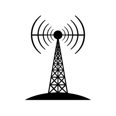 Üstten gelen sinyal dalgalarıyla bir radyo kulesinin siyah silueti beyaz arka planda izole edilmiş.