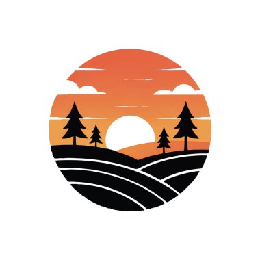Gün batımında şekillendirilmiş bir manzaranın dairesel çizimi yuvarlak tepeler, siluetli çam ağaçları ve bulutların arkasında parlak bir güneş, beyaz arka plan teknolojisi arka planında izole edilmiş.