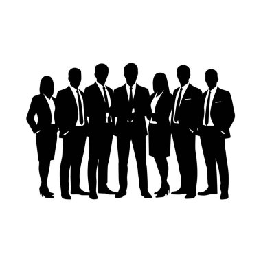 Beyaz arka plan teknolojisi arka planında izole edilmiş çeşitli iş dünyasından profesyonellerin birlikte durduğu bir grubun siluet çizimi