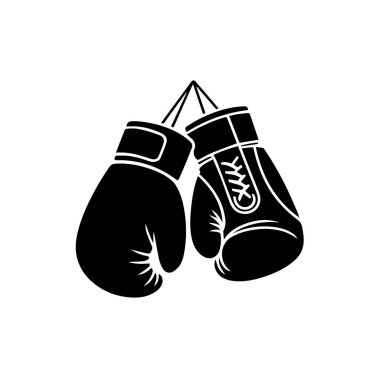 Bir çift siyah boks eldiveni beyaz arka planda izole bir şekilde asılı duruyor.