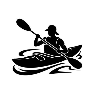 Beyaz arka plan teknolojisinde izole edilmiş, kürekle kayak yapan bir kişinin siyah silueti.