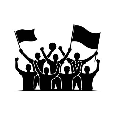 Bayrakları ve balosu olan neşeli bir kalabalığın silueti zaferi kutluyor, beyaz arka plan teknolojisi arka planında izole edilmiş