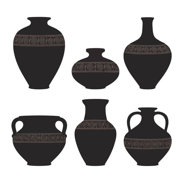 Collection of six black ancient greek amphorae and vases with decorative patterns, isolated on white background technology background