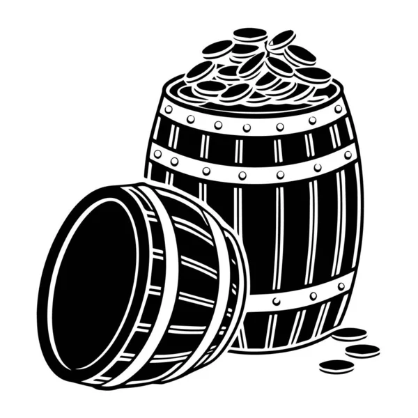 Altın sikkelerle dolu ahşap bir fıçı, yanında da beyaz arka planda izole edilmiş başka bir fıçı.