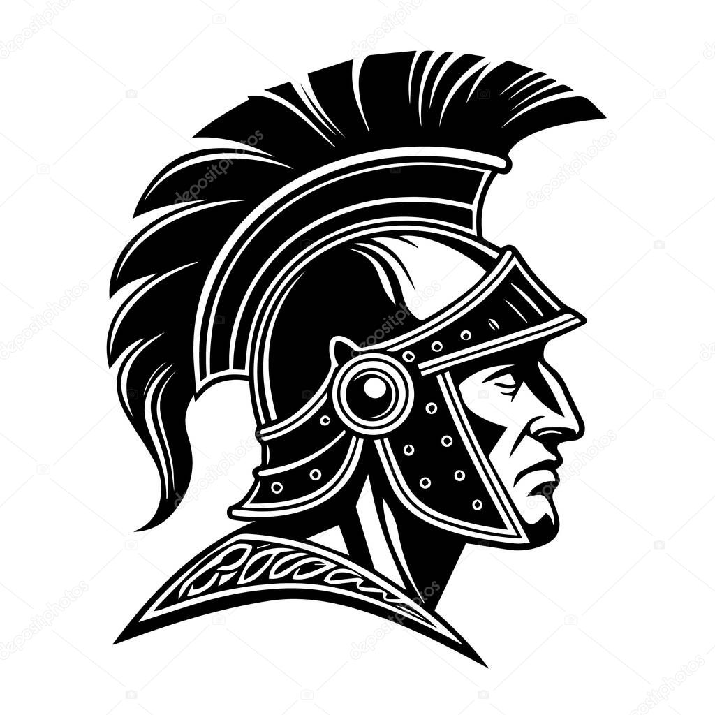 Black and white illustration of a roman soldiers helmet and profile, isolated on white background
