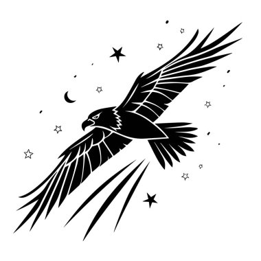 Görkemli bir kartalın silueti havada süzülüyor yıldızlı bir gökyüzünde, beyaz arka planda izole edilmiş bir ay ile.