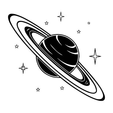 Beyaz arka planda izole edilmiş, halkalı yıldızlı bir gezegenin siyah beyaz çizimi.