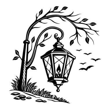 Yaprakları kıvrımlı bir daldan sarkan eski bir fener ve arka planda uçan kuşlar, siyah ve beyaz çizimler.