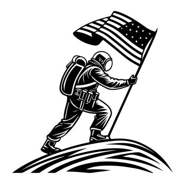 Astronot, beyaz arka planda izole edilmiş bir gök cismine Amerikan bayrağı dikiyor.