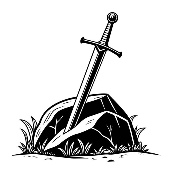 Черно-белая иллюстрация меча, застрявшего в скале, с травой вокруг, изолированной на белом фоне