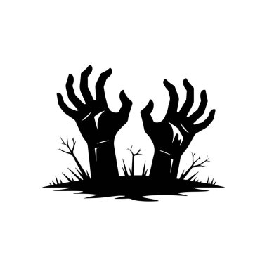 Zombi ellerin silueti yerden ölü dallarla çıkıyor, beyaz arka planda izole edilmiş teknoloji arka planında