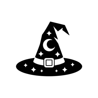 Yıldızlarla süslenmiş bir cadı şapkasının siyah silueti ve beyaz arka planda izole edilmiş hilal şeklinde bir ay.