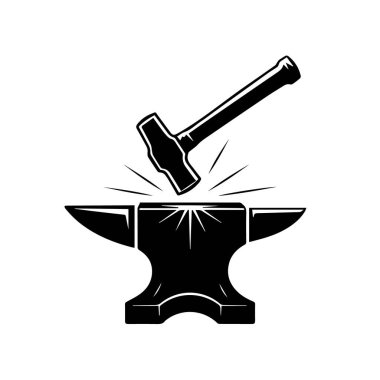 Demirci çekici örse kıvılcımlarla vuruyor, beyaz arka plan teknolojisinde izole edilmiş.