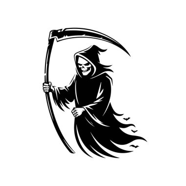 Tırpanlı Azrail, ölümün karanlık bir figürü, beyaz arka plan teknolojisinde izole edilmiş.