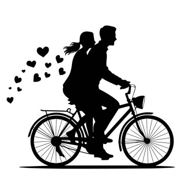 Arkalarında yüzen kalpleri olan, beyaz arka plan teknolojisinde izole edilmiş bisiklet süren bir çiftin silueti.