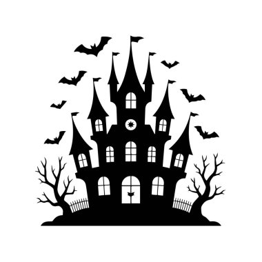 Etrafında yarasalar uçuşan perili bir şatonun silueti, beyaz arka plan teknolojisiyle izole edilmiş.