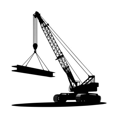 Mobil vinç silueti inşaat alanında çelik kirişi kaldırıyor, beyaz arka plan teknolojisi arka planında izole edilmiş.