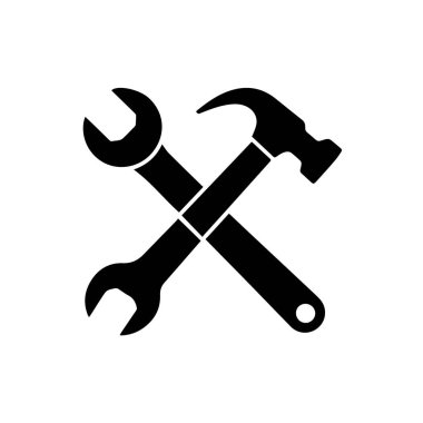 Çapraz ingiliz anahtarı ve çekicin siyah silueti, beyaz arka plan teknolojisinde izole edilmiş.