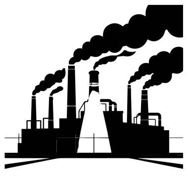 Bacalarından süzülen dumanlı bir fabrikanın silueti beyaz arka plan teknolojisi arka planında izole edilmiş.