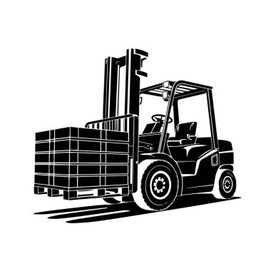 Beyaz arka plan teknolojisinde izole edilmiş, büyük miktarda ahşap paletler taşıyan bir forklift kamyonunun siyah beyaz çizimi.
