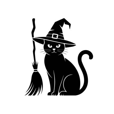 Siyah bir kedi silueti. Şapka takıyor ve süpürge sopası tutuyor. Beyaz arka planda izole edilmiş.