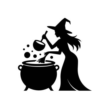 Beyaz arka plan teknolojisinde izole edilmiş baloncuklu bir kazanı karıştıran bir cadının silueti