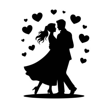 Kalplerle çevrili beyaz arka planda izole edilmiş dans eden bir çiftin silueti.
