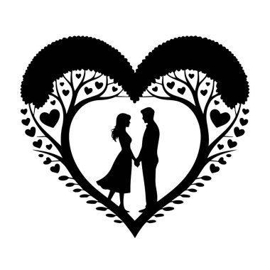Kalp şeklindeki bir ağacın içinde el ele tutuşan bir çiftin silüeti beyaz arka plan teknolojisinde izole edilmiş.