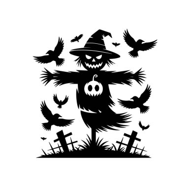 Cadılar bayramı korkuluğunun korkunç siyah silueti, balkabağı yüzlü ve etrafta uçan kargalar, beyaz arka plan teknolojisinde izole edilmiş.