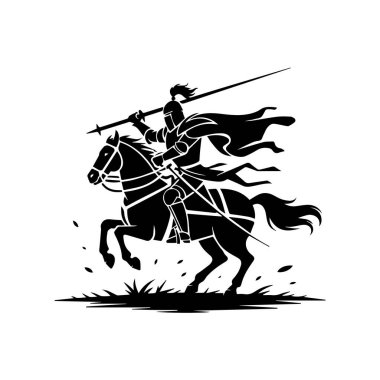 Zırhlı bir şövalyenin siyah silueti mızraklı bir ata biniyor, mızrak ya da hücum atlarını temsil ediyor, beyaz arka plan teknolojisinde izole edilmiş.