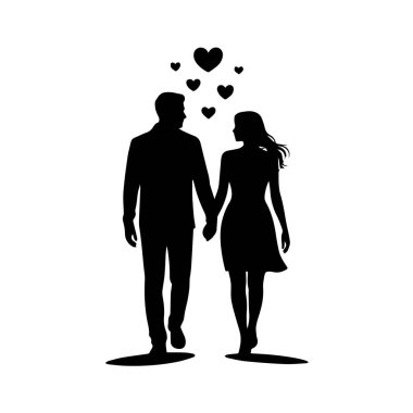 Elele tutuşan ve yürüyen bir çiftin silueti, üzerinde yüzen kalpler, aşkı ve romantizm teknolojisini simgeliyor.