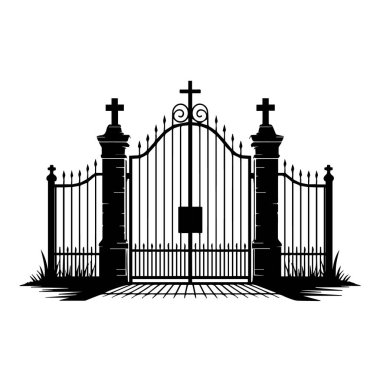 Sütunlarda haçlar, beyaz arka planda izole edilmiş siyah işlemeli demir kapı.
