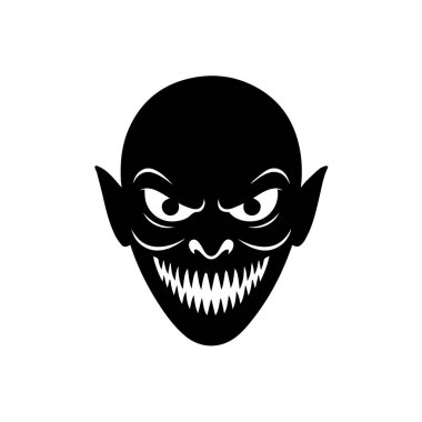 Keskin dişleri ve şeytani gözleri olan korkunç siyah canavar yüzü beyaz arka plan teknolojisinde izole edilmiş.