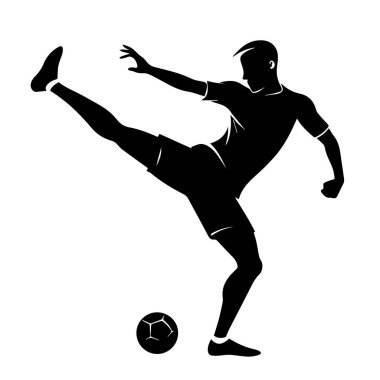 Bir futbolcunun silueti topa vuruyor, beyaz arka planda izole edilmiş.
