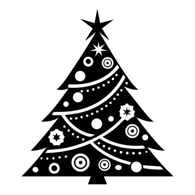 Beyaz arka planda izole edilmiş süs ve ışıklarla süslenmiş siyah beyaz noel ağacı silueti.
