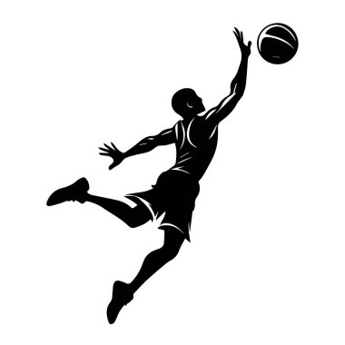 Bir basketbolcunun silueti zıplıyor ve topa uzanıyor, beyaz arka planda izole edilmiş.