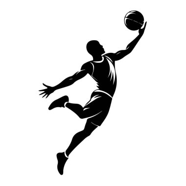 Bir basketbolcunun silueti beyaz arka planda zıplıyor ve smaç basıyor.